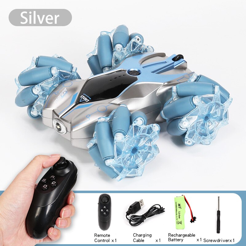 Pickwoo C16 Rc Stunt Auto 2.4Ghz 4WD 1:24 Drift Met Muziek Led Licht Afstandsbediening Crawler 360 Graden Flip rc Voertuig Speelgoed Model: silver