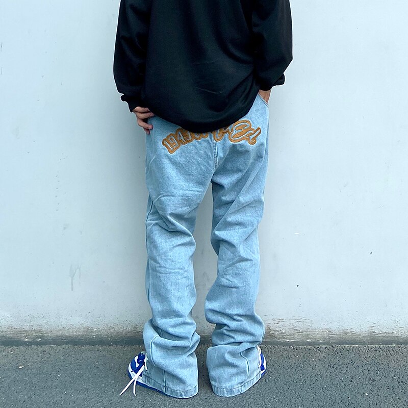 Pantalones vaqueros Harajuku con cordones en el tobillo para hombre, Vaqueros Bordado de letras desgastados Retro rectos y holgados de gran tamaño, informales de Hip Hop