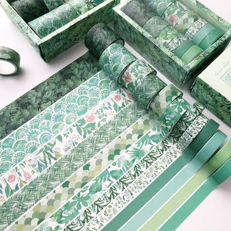 12 stk vintage ins stil farve papir washi tape sæt grøn blad lyserød blomst klæbende maskebånd klistermærker boligindretning  a6558: 1 myntegrøn