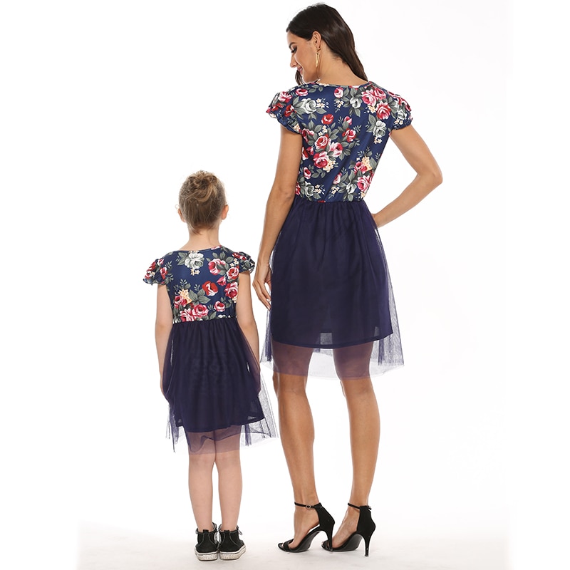 Short Sleeve Mother Daughter Matching Dresses Patchwork Mesh Family Look Mommy And Me Mommy And Baby Floral Outfits