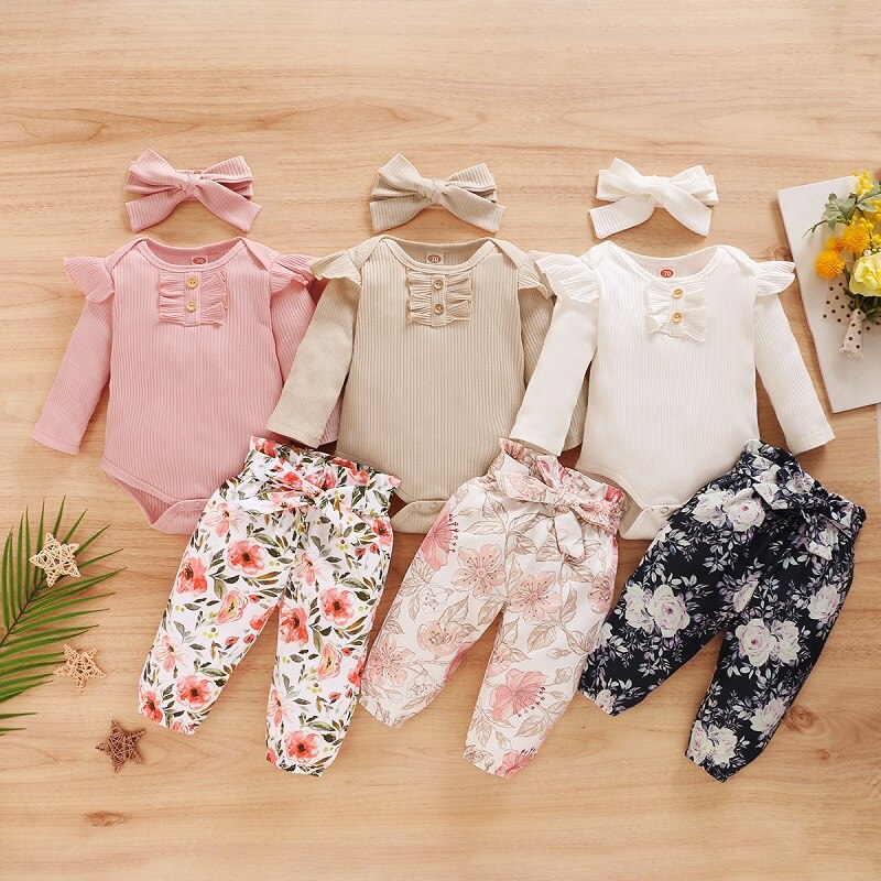 Ensemble de vêtements pour -né bébé filles 3 pièces fleurs imprimer volants à manches longues barboteuse pantalon bandeau 0-24M