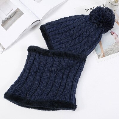 Fleecefodrad varm mössa dam stickad mössa vintermössa scarfset vintermössor för dam skullies mössor huva: Marinblå