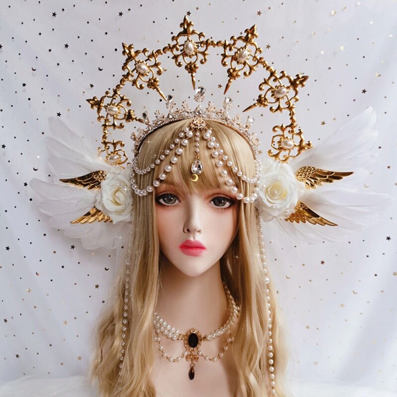 Lolita-tocados de corona KC de la Virgen María, alas de Ángel de Rosa Blanca gótica, cadena de cuentas, accesorios para el cabello, Tiara barroca
