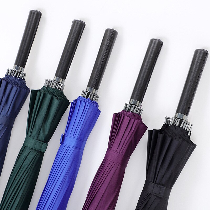 Parapluie d'affaires à 24 poignées en cuir pour hommes, coupe-vent, Double poignée droite et longue, couleur unie