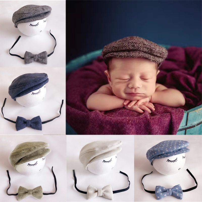 1 set gehaakte baby-peutermuts en stropdas, handgemaakte newborn fotografie-accessoires, babymutsje, mutsje, strikje voor baby's
