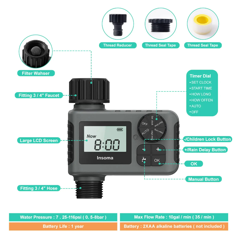 Temporizador de agua automático Insoma, sistema de riego inteligente, temporizador de aspersor, equipo programador de jardín, pantalla LCD IPX7