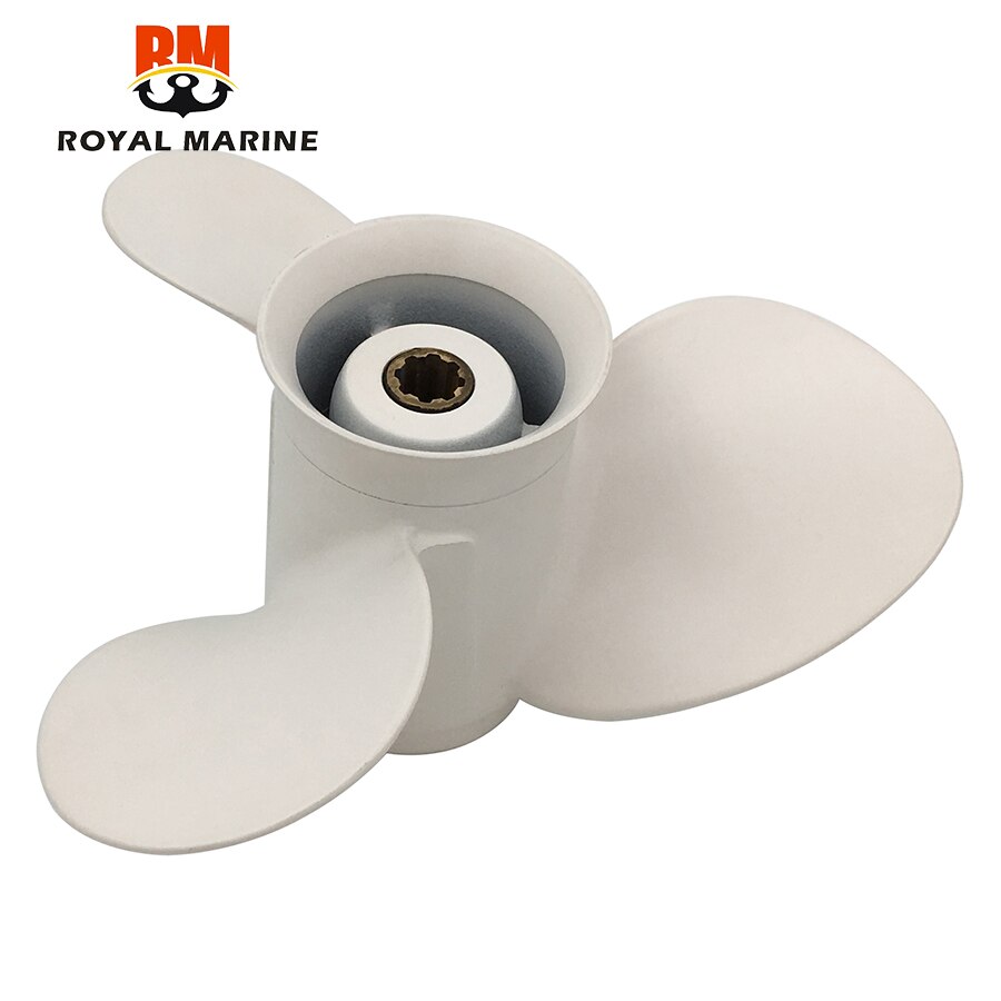 63v-45945-00- el påhængsmotor propeller 9 1/4 x 9- j aluminiumslegering til yamaha 9.9-15hp hvide 3 blade 8 spline tand r-rotation
