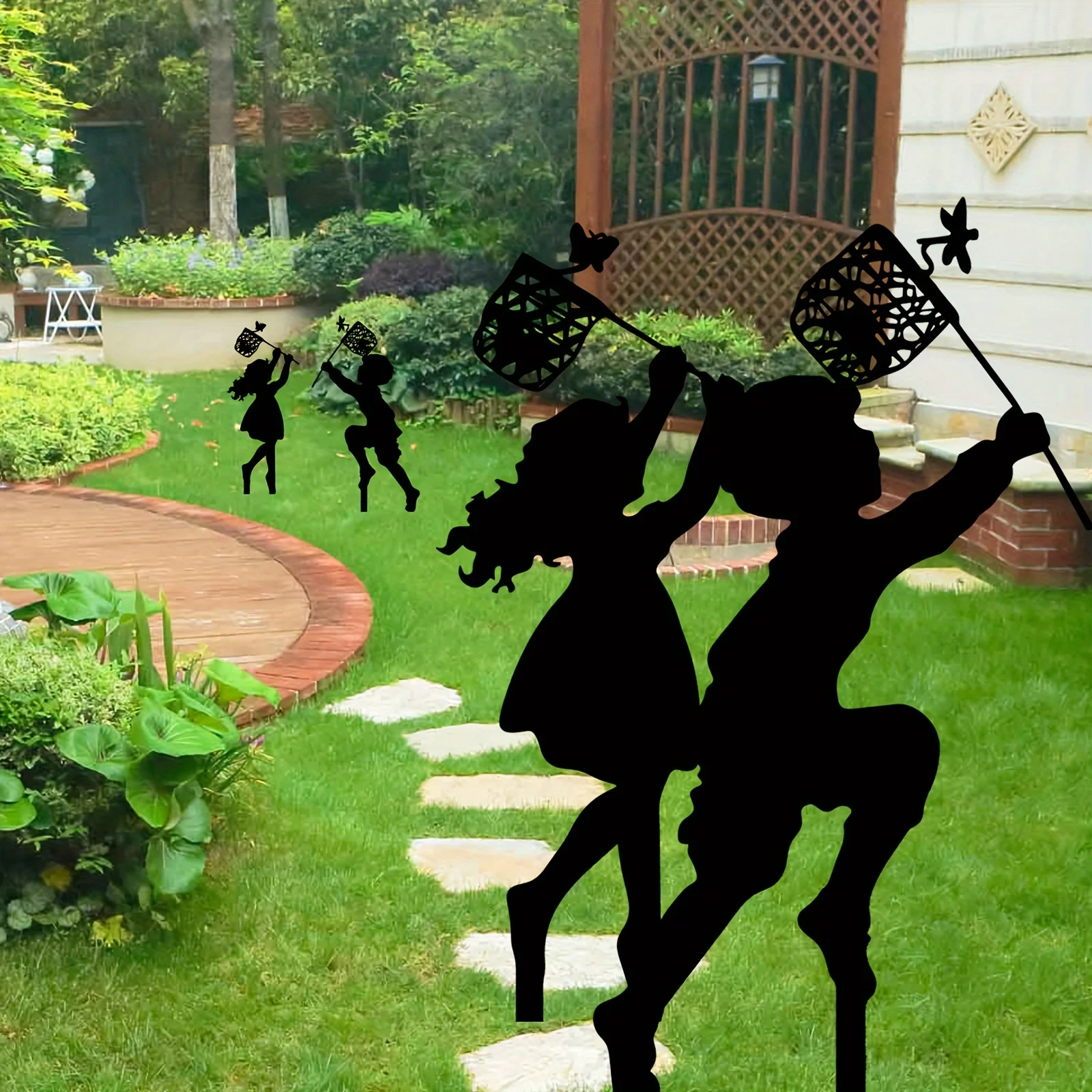 Metal have dekorative jordindsatser jernkunst, drenge og piger udendørs fangst sommerfuglemønster have dekorative bunker egnet