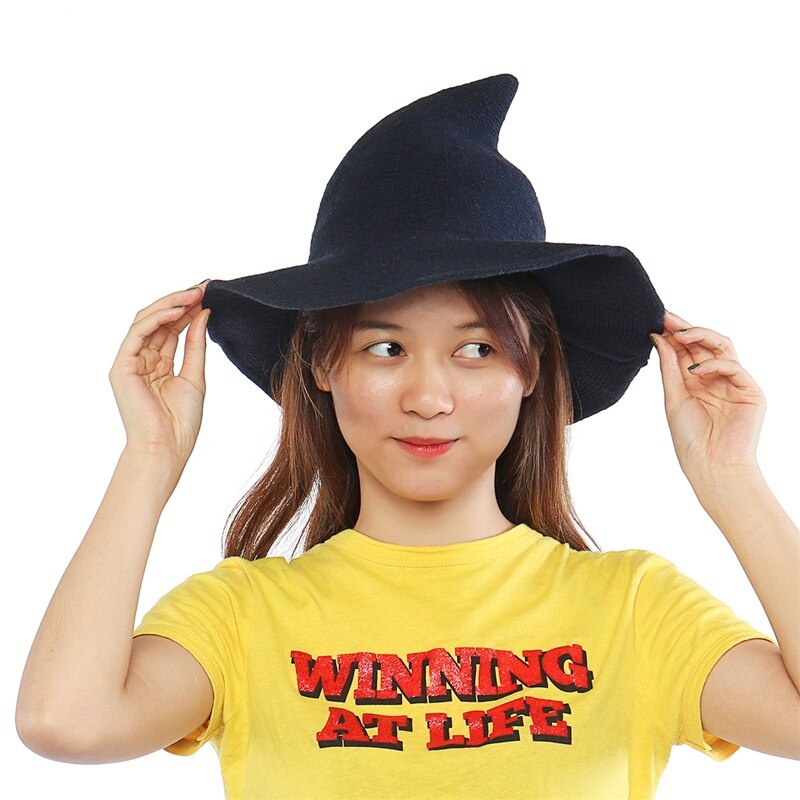 Foldable Womens Magic Wizard Witch Hat Halloween Party Wool Blend Knitted Cap