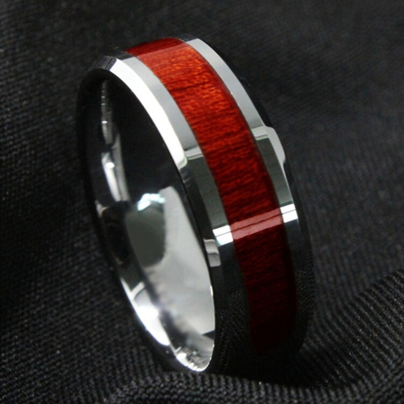 8mm Men Rings Red Wood Stainless Steel Rings Simple Classic Wedding Rings For Men Jewelry Anniversary Christmas