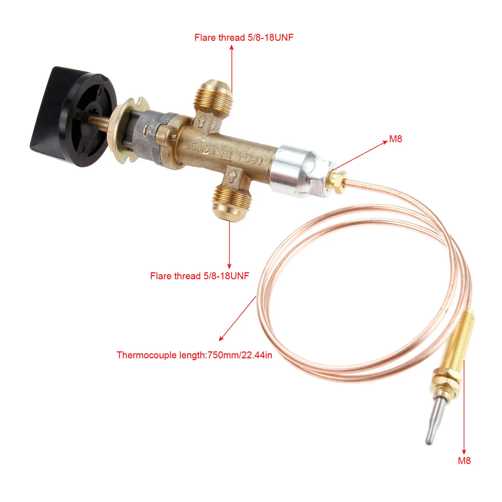 Gas Grill Heater Fire Pit Fireplace Control Valve With Thermocouple And Knob Switch 600mm Thermocouple With M8*1 Threaded Head