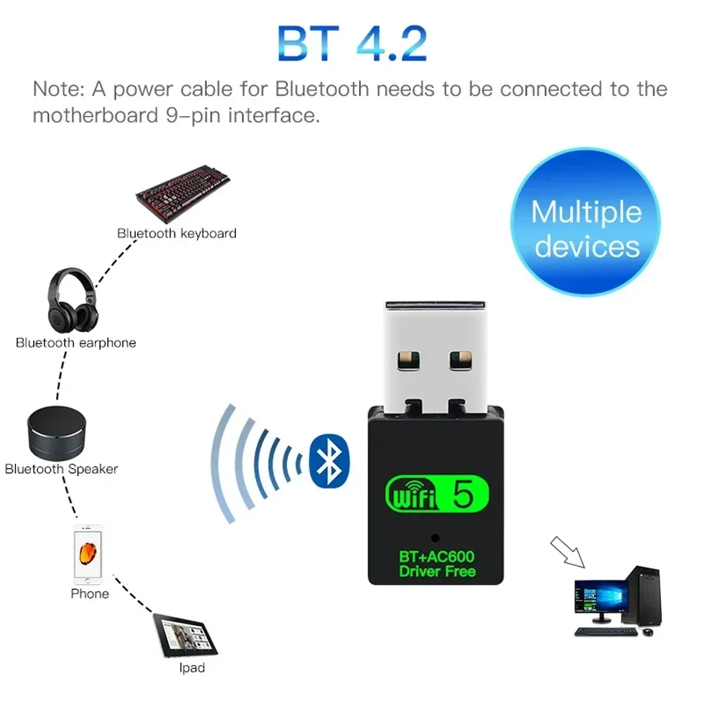 2 in 1 USB WiFi Bluetooth Adapter 600Mbps Dual Band 2.4G 5GHz USB Wi-Fi 5 Network Wireless Wlan Receiver Dongle DRIVER FREE