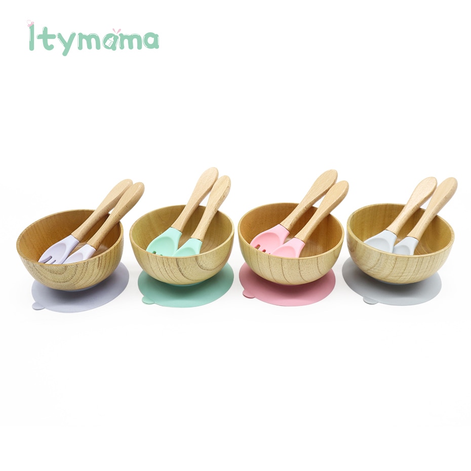 Baby Feeding Bowl Spoon Fork Food Tableware Kids Wooden Training Plate Silicone Suction Cup Removable Children's Dishes Goods