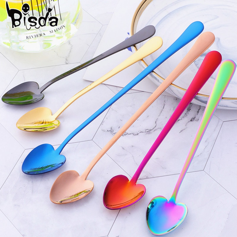 1 Pc Rvs Dessert Lepel Lange Steel Ice Scoop Kleine Koffie Lepels 8 Kleuren Mooie Servies voor Kit party Tools