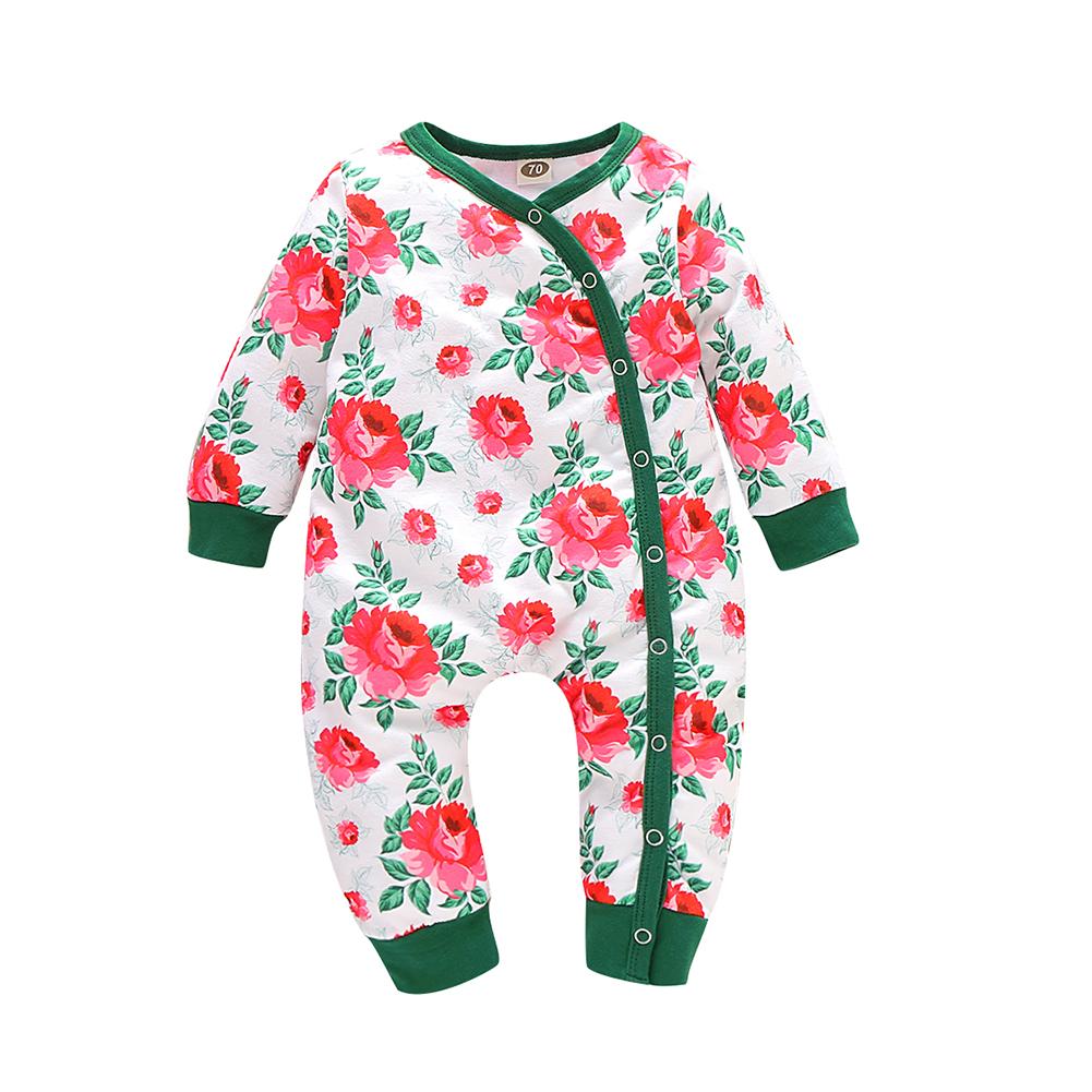 Mooie Katoen Peuter Baby Jumpsuits Ronde Kraag Lange Mouw Cartoon Dieren Planten Print Jongens Meisjes Sunsuit Casual Homewear: Flower / 6m