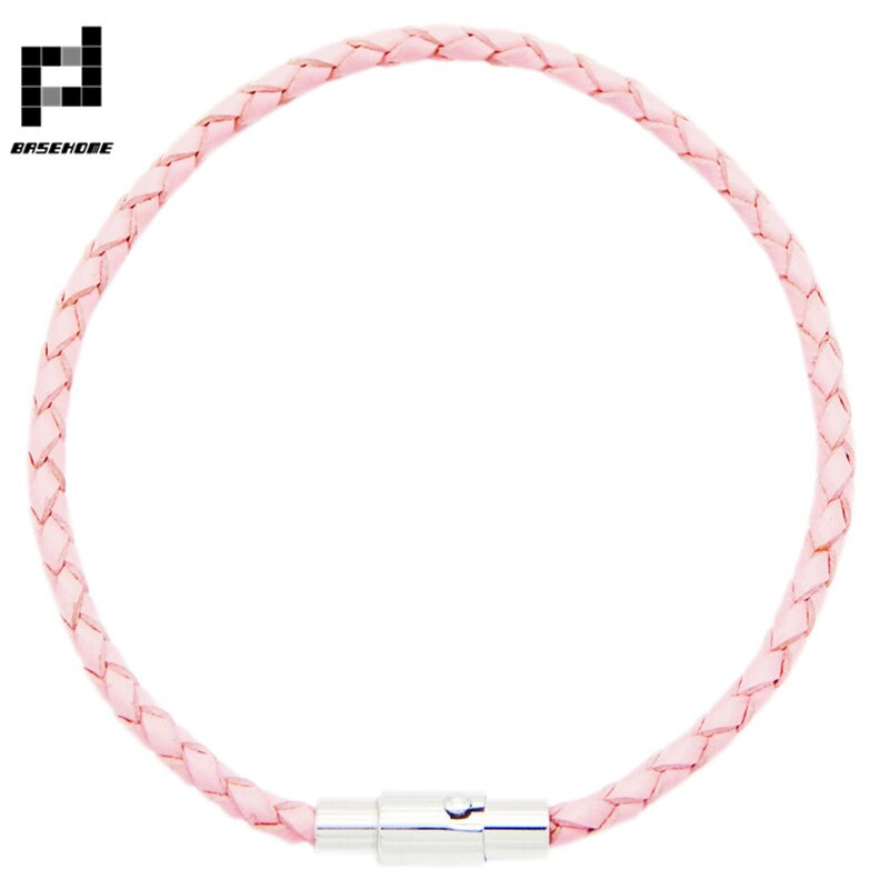 BASEHOME 100% Genuine Braided Leather Bracelet Men Women Stainless Steel Magnetic Clasp Male Bracelets Bangles Jewelry: Pink / 20CM