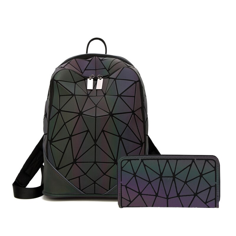 Nowy świetlny kobiety plecak 3 sztuk zestaw mężczyźni plecaki na laptopa student szkoła torby holograficzne torebka geometria Bagpack torba Mochila: 2szt  A