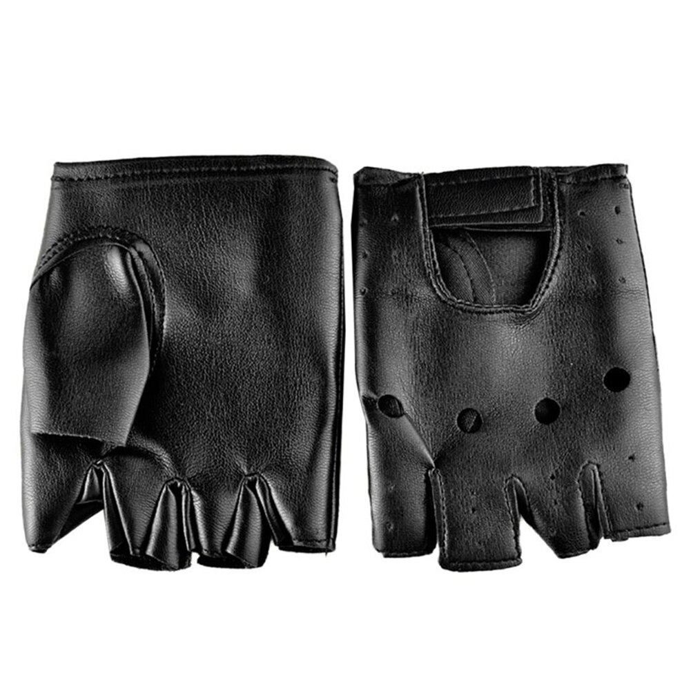 Black PU Leather Fingerless Gloves Solid Unisex Half Finger Driving Unisex Punk Gloves: Default Title