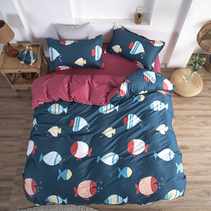 Dessin animé poisson motif housse de couette 220x240 taie d'oreiller 3 pièces housse de couette 175x220 parure de lit, couverture de lit couverture rouge drap de lit