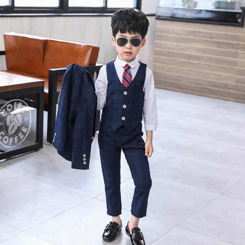 Dollplus Formal Kids Boys Suits Baby Boy Clothes Suit for Wedding Tuxedo Teenage Party Clothing 3 Pcs/set Plaid Children Set: Blue / 9T