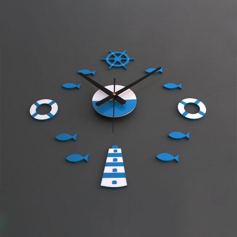 1Pcs 3D Wall Clock Acrylic DIY Clock Mediterranean Style Tower Rudder Lifebuoy Small Fish Clock Wall Clock