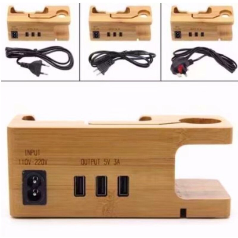 Soporte de teléfono móvil de bambú y madera para escritorio, soporte de carga usb de tres orificios, duradero y práctico