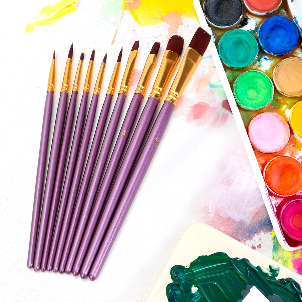 10Pcs/Set Purple Artist Paint Brush Set Acrylic Drawing Nylon Hair Watercolor Oil Painting Brushes Acrylic Paints