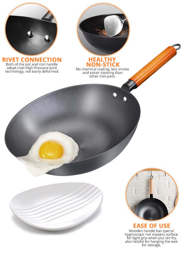 Chinese Traditional Wok Non-coating Handmade Wok With Wooden Handle Iron Non Stick Rusting Pan Induction and Gas Cooker Cookware