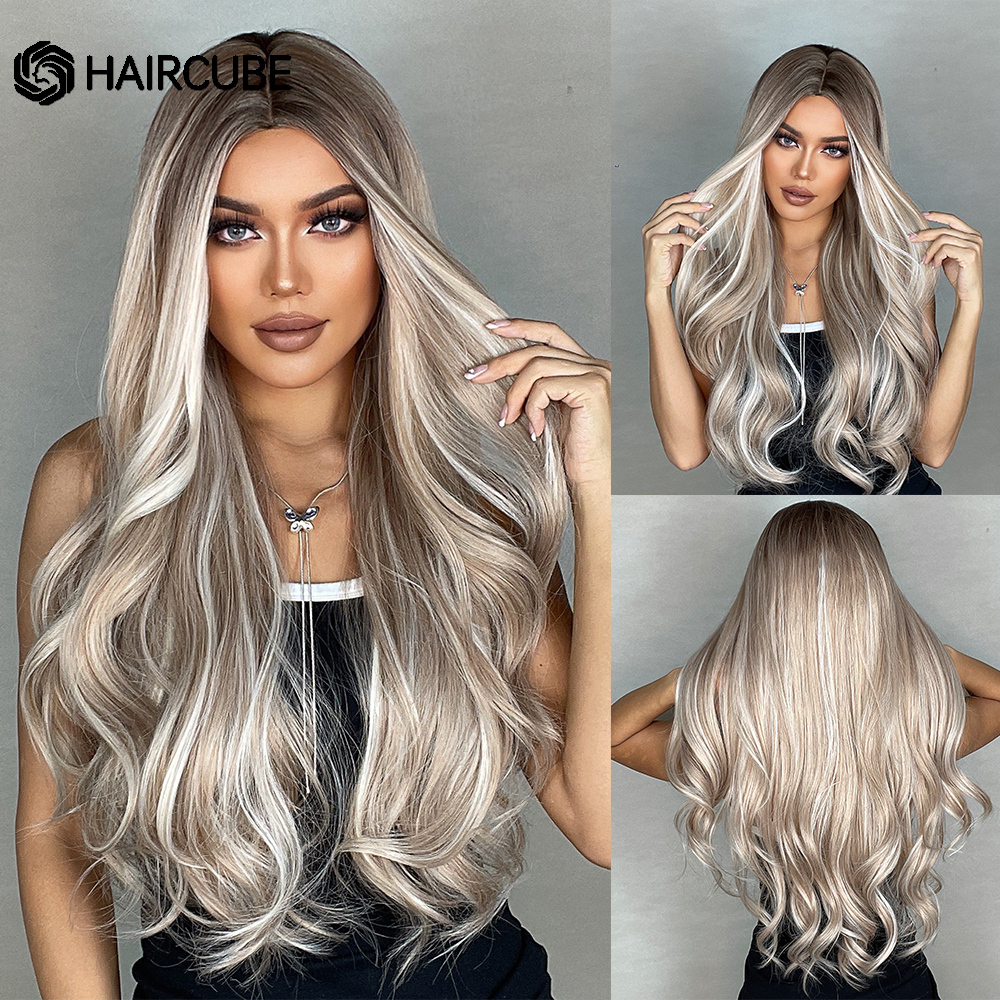 Haircube lang bølget syntetisk parykk lys blond parykker til kvinder med pandehår naturlig hårgrænse varmebestandig fiber paryk daglig fest paryk