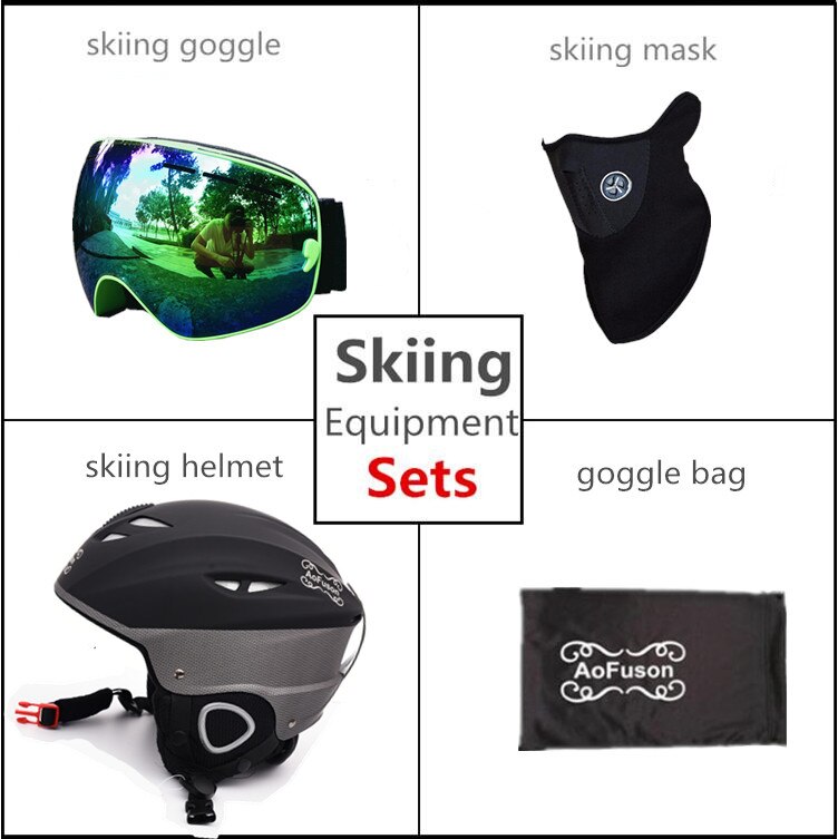 Ski Apparatuur Set Helm Met Goggle Veiligheid Integraal Gevormde Plus Size Plus Fluwelen Helm Dubbele Lagen Anti-Fog bril: Green Frame / 59cm-61cm