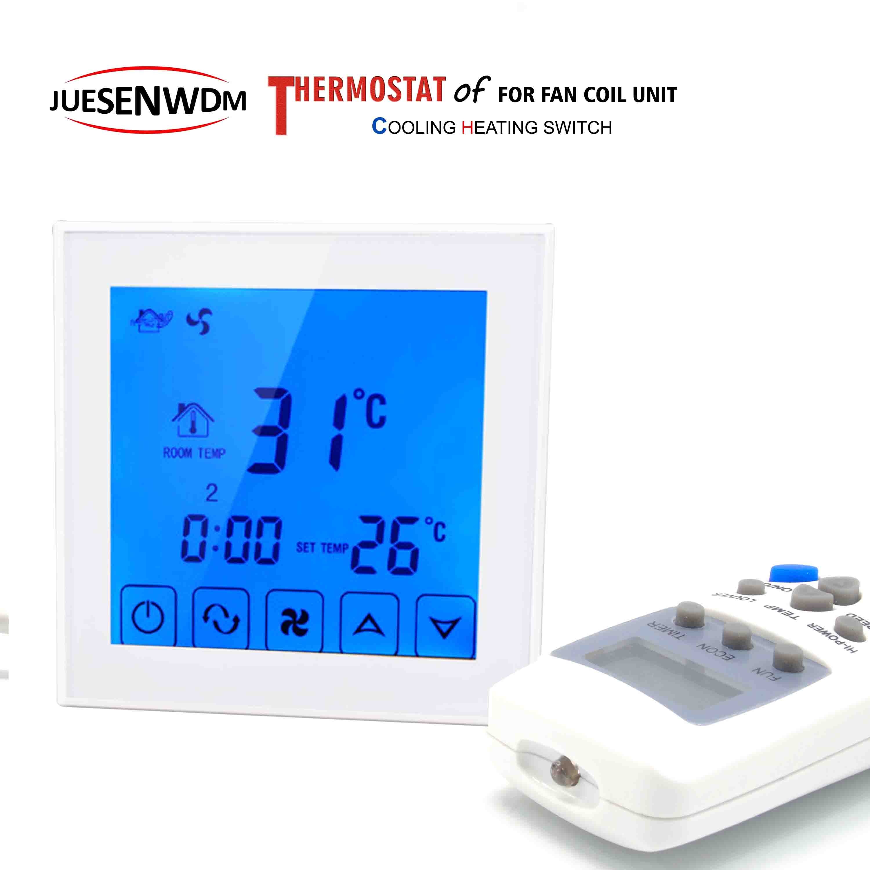 Touch screen room thermostat temperature controller for 2 pipe fan coil heater cooler adjustable