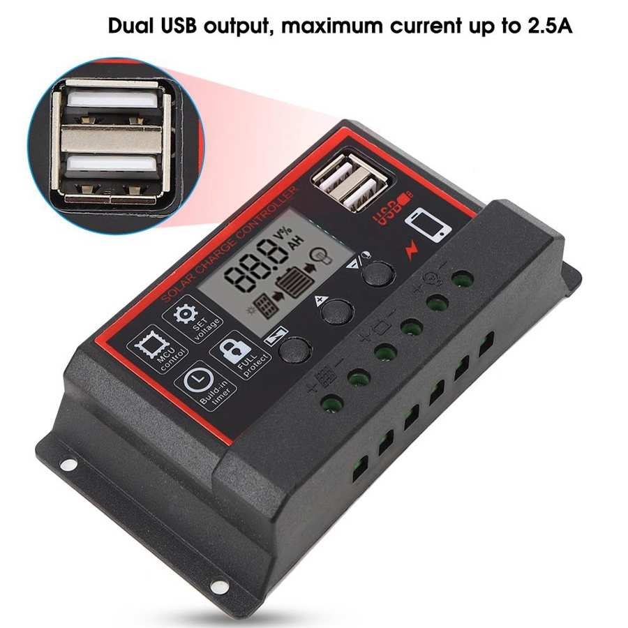 LCD Solar Charge Controller 5V /2.5A Dual USB PWM Cell Panel Regulator Automatic Identification 12V 24V