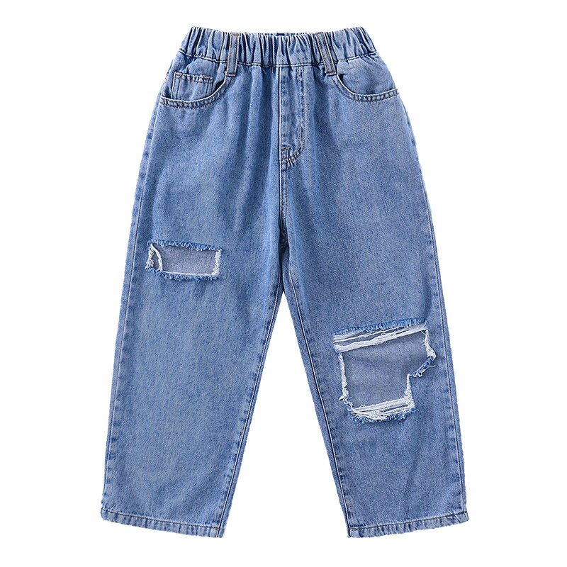 New Teen Girl Fashion pantaloni strappati in Denim con foro in cotone 2021 estate bambini colore blu vita alta Jeans larghi alla caviglia