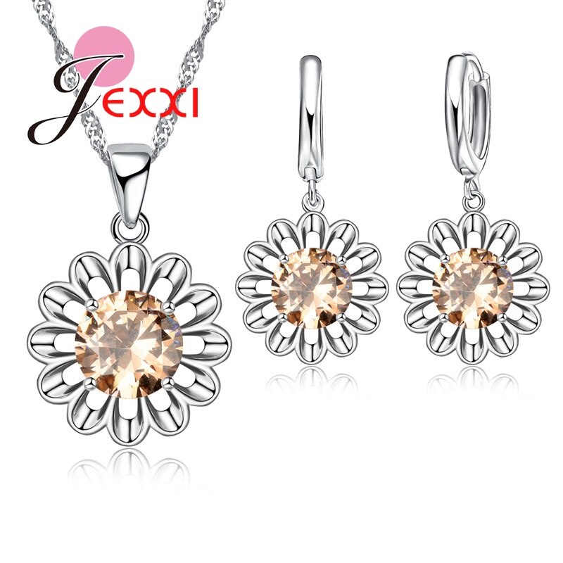 Zonnebloem Eeuwige Liefde 925 Sterling Zilveren Sieraden Set Voor Bruiloft Crystal Maxi Ketting Oorbellen Set Voor Vrouwen Bijoux: Champagne