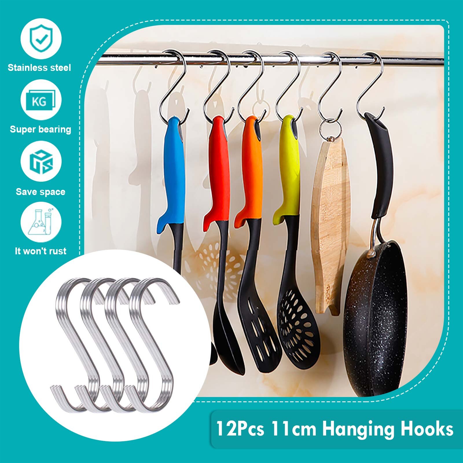 12PCS Kitchen Hooks Tableware Hanger Stainless Steel Silver Color Hooks S Shaped Hanging Hooks Bedroom Hanging Storage Tool #Y10