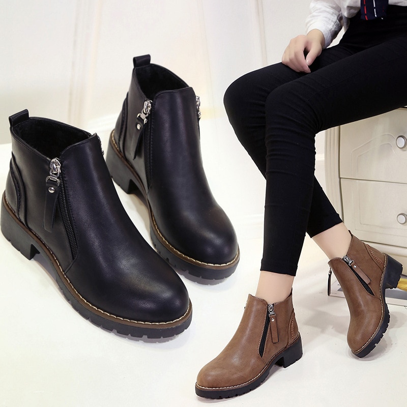 Bottes d'hiver cheville zippée femmes chaussures Martin bottes chaussures de loisir à la femme talon carré Med (3cm-5cm) bout rond plate-forme chaussures
