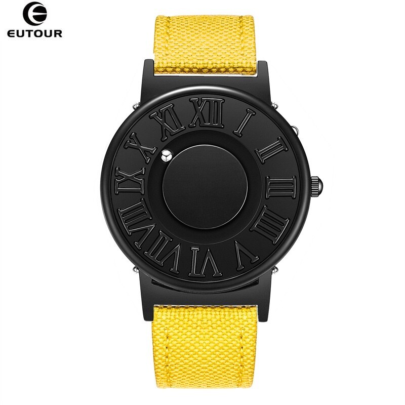 Eutour Horloge Man Canvas Lederen Band Heren Horloges Magnetische Bal Show Quartz Horloges Mode Mannelijke Klok Horloges: Yellow Canvas Strap