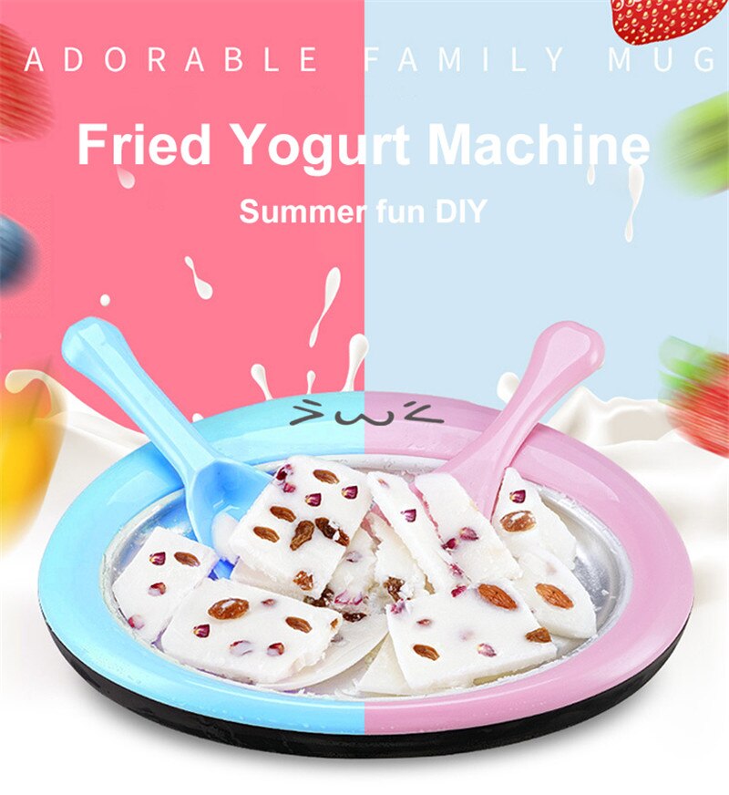 Mini Ice Cream Maker Cartoon Fried Ice Machine Fried Yogurt Machine Pan Home Stir Yogurt Machine with 2pcs Fried Ice Shovel