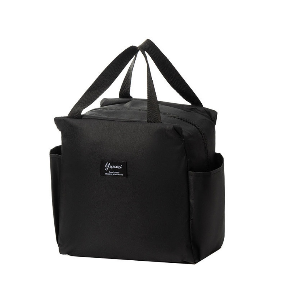 Double pockets Portable lunch bag lunch box insulated canvas tote bag school lunch portable dinner box picnic food storage: black