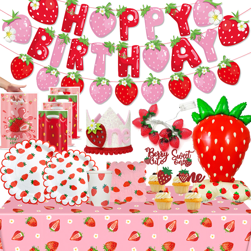 Strawberry Theme Girl's Birthday Party Decoration Disposable Fruit Tableware Tablecloth Balloons Banner Cake Toppers Baby
