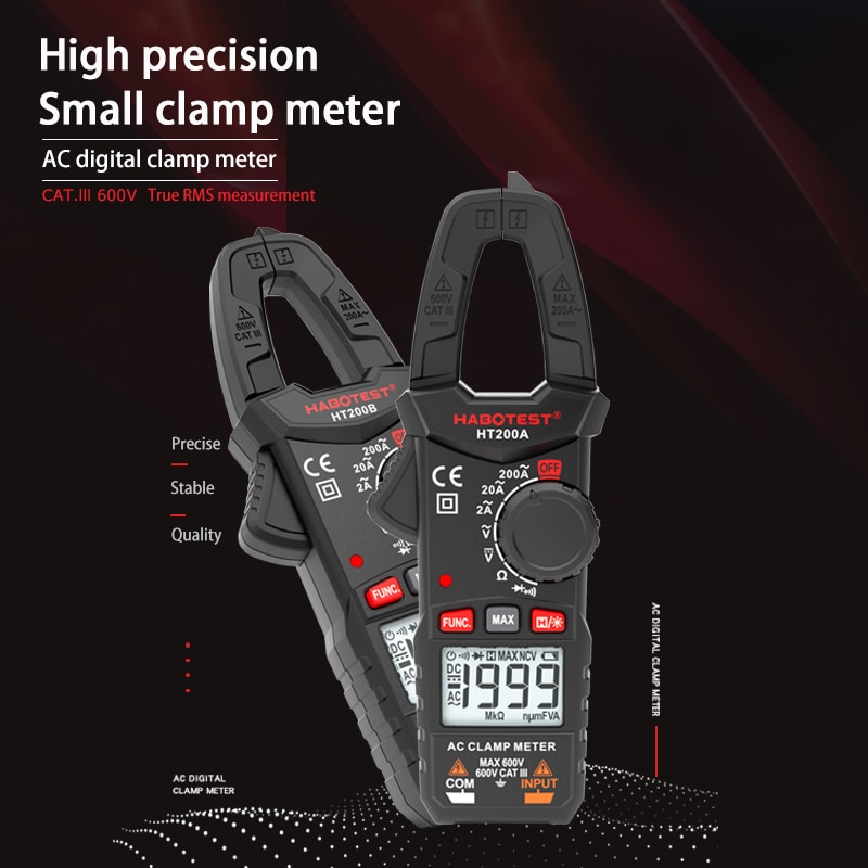 Habotest HT200A/200B AC DC Ammeter Digital 600V 200A 20MΩ Digital Clamp Meter Multimeter Continuity Max High Precision Tester