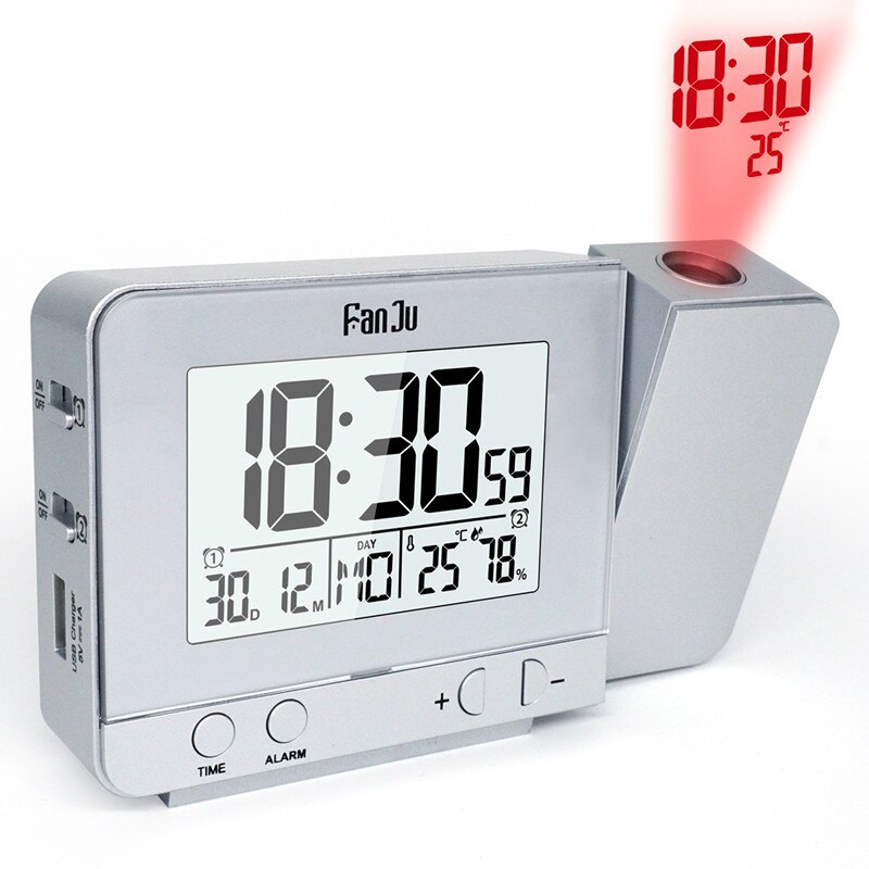 USB Digitale Projektion Wecker nasser Bahnhof Temperatur Schreibtisch Zeit Datum Anzeige Projektor Kalender aufwachen hoch Tisch LED Uhr: Stil E Silber-