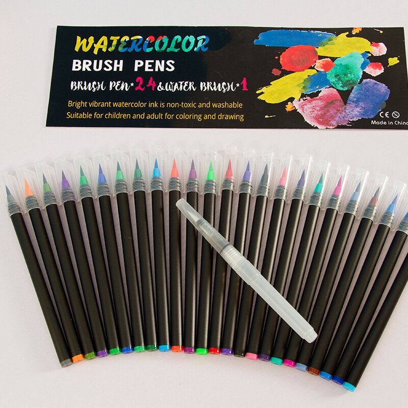 Watercolor Brush Pens Set of 24 - Vibrant Markers with Flexible Nylon Brush Tip for Coloring Books, Calligraphy