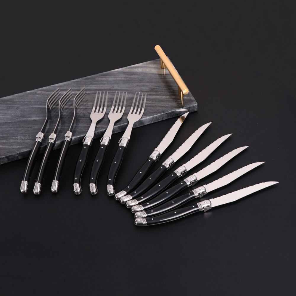 Juego de 6 cuchillos y tenedores para carne de acero inoxidable, juego completo de cubiertos de acero Laguiole con vajilla con mango de ABS negro
