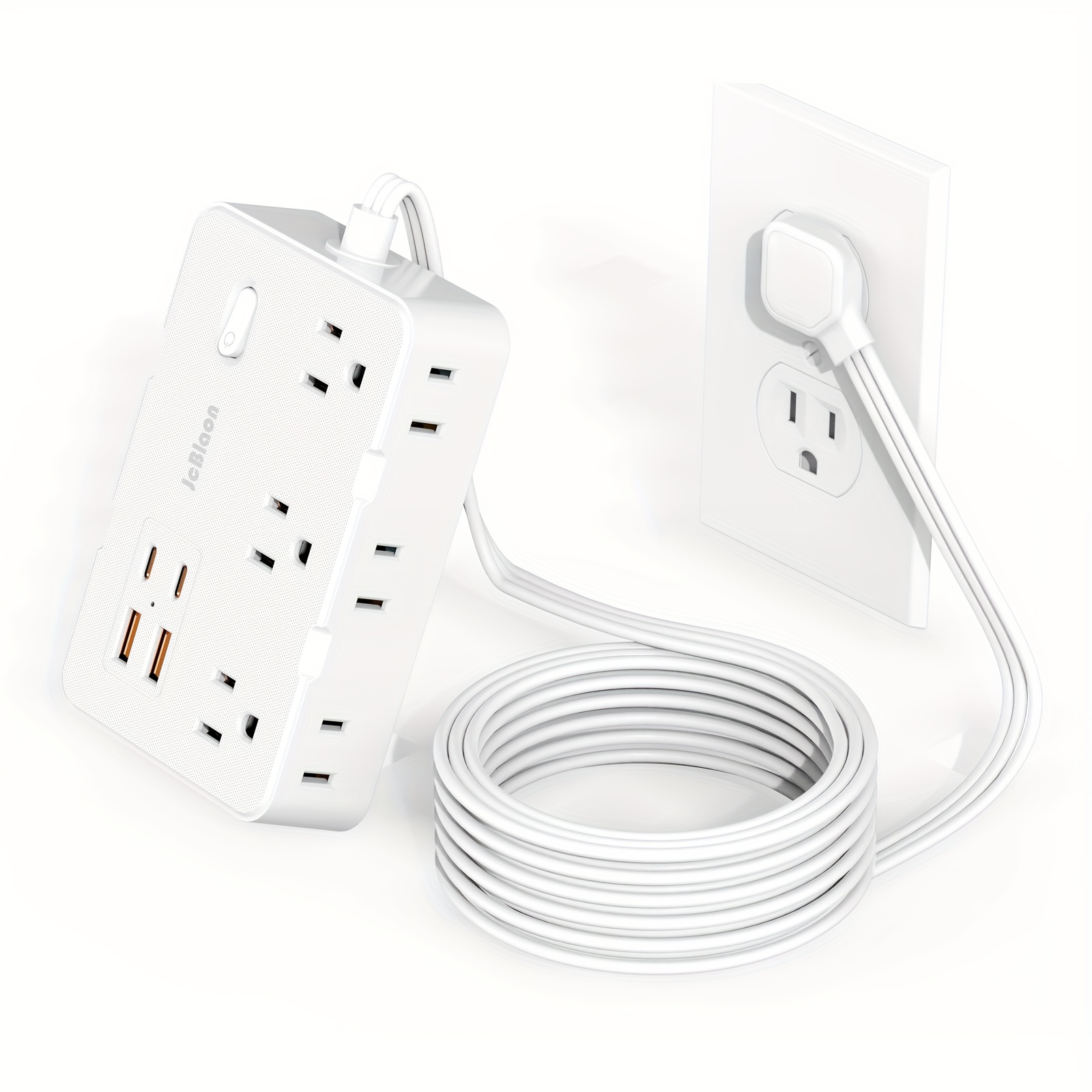 Ultra Thin Flat Plug Extension Cord with 4 USB Ports(2 USB C), 5ft Surge Protector Power Strip, 6 Widely Outlets Extender: WHITE