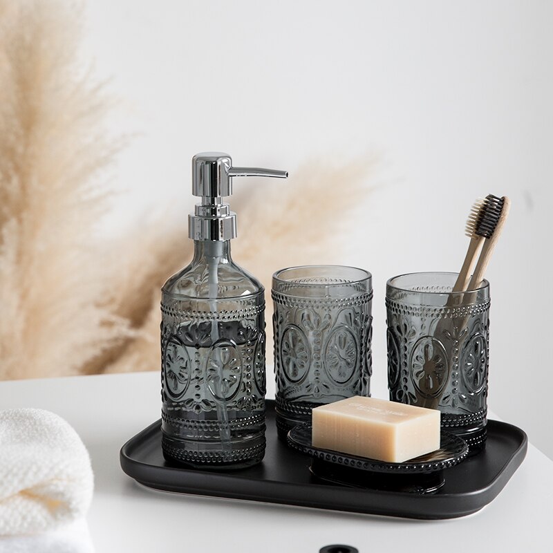 Scandinavische Stijl Glas Badkamer Accessoires Set Shampoo Dispenser Zeepkist Tandenborstel Beker Creatieve Lotion Fles Luxe Decoratie