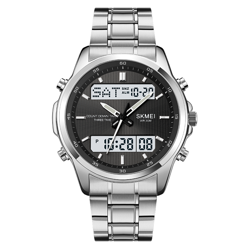 Skmei 3- timmars nedräkningstimer digitala armbandsur herr bakgrundsbelyst display sportklocka vattentät stoppur väckarklocka: Silver-