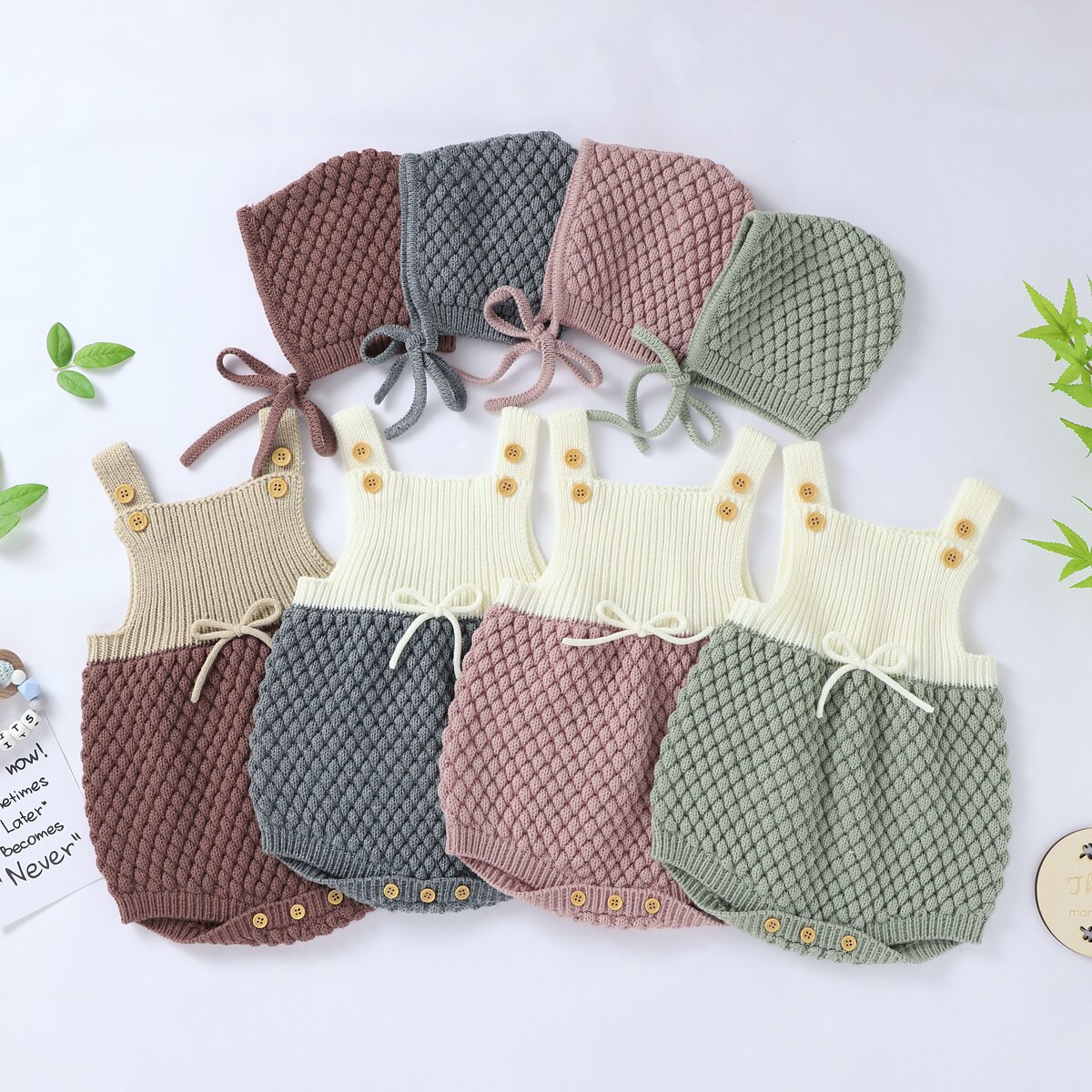 Focusnorm 0-24M Nieuw Baby Meisjes Jongens Rompertjes Hoeden Knit Patchwork Mouwloze Jumpsuits Trui 4 Kleuren