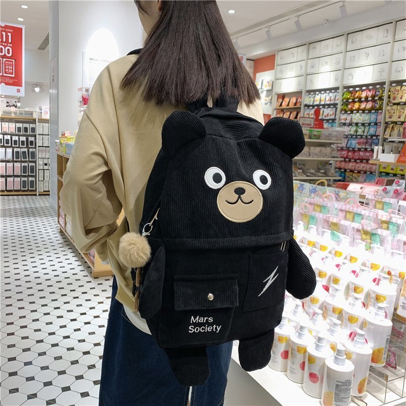 Japansk corduroy bear ryggsekker for søte kvinner flerlommer skolesekker stor kapasitet ryggsekk teenger jenter skolesekk kvinne
