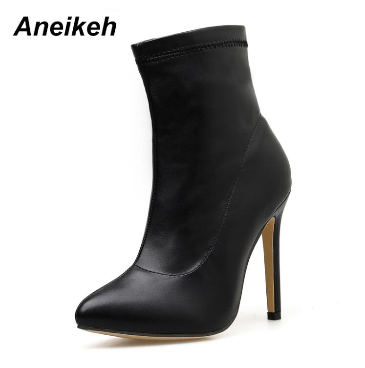 Aneikeh vår/höst pu lack chelsea ankelboots spetsig tå damstövlar tunna klackar partystorlek 41 42: 7